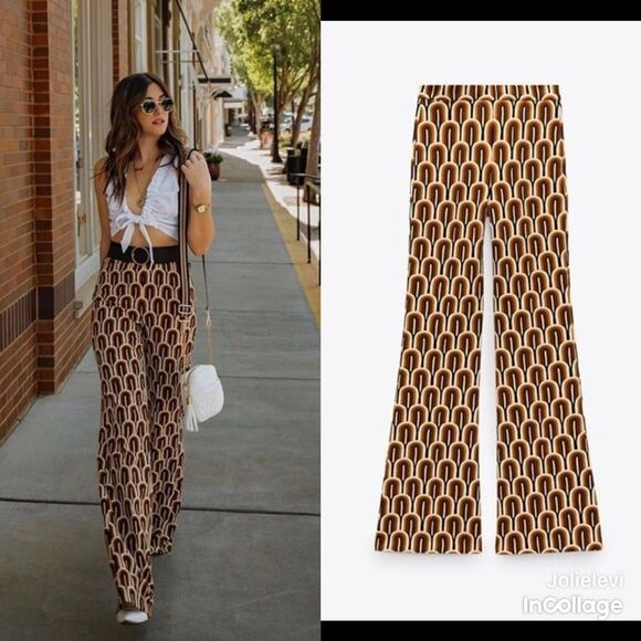 ZARA PRINTED FLARED PANTS Size S - Picture 1 of 12